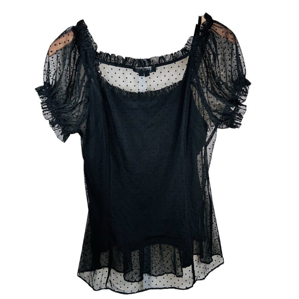 ECI New York 12 Polka Dot Whimsy Goth Sheer Blouse Top Puff Sleeve Office Brunch - Picture 6 of 9